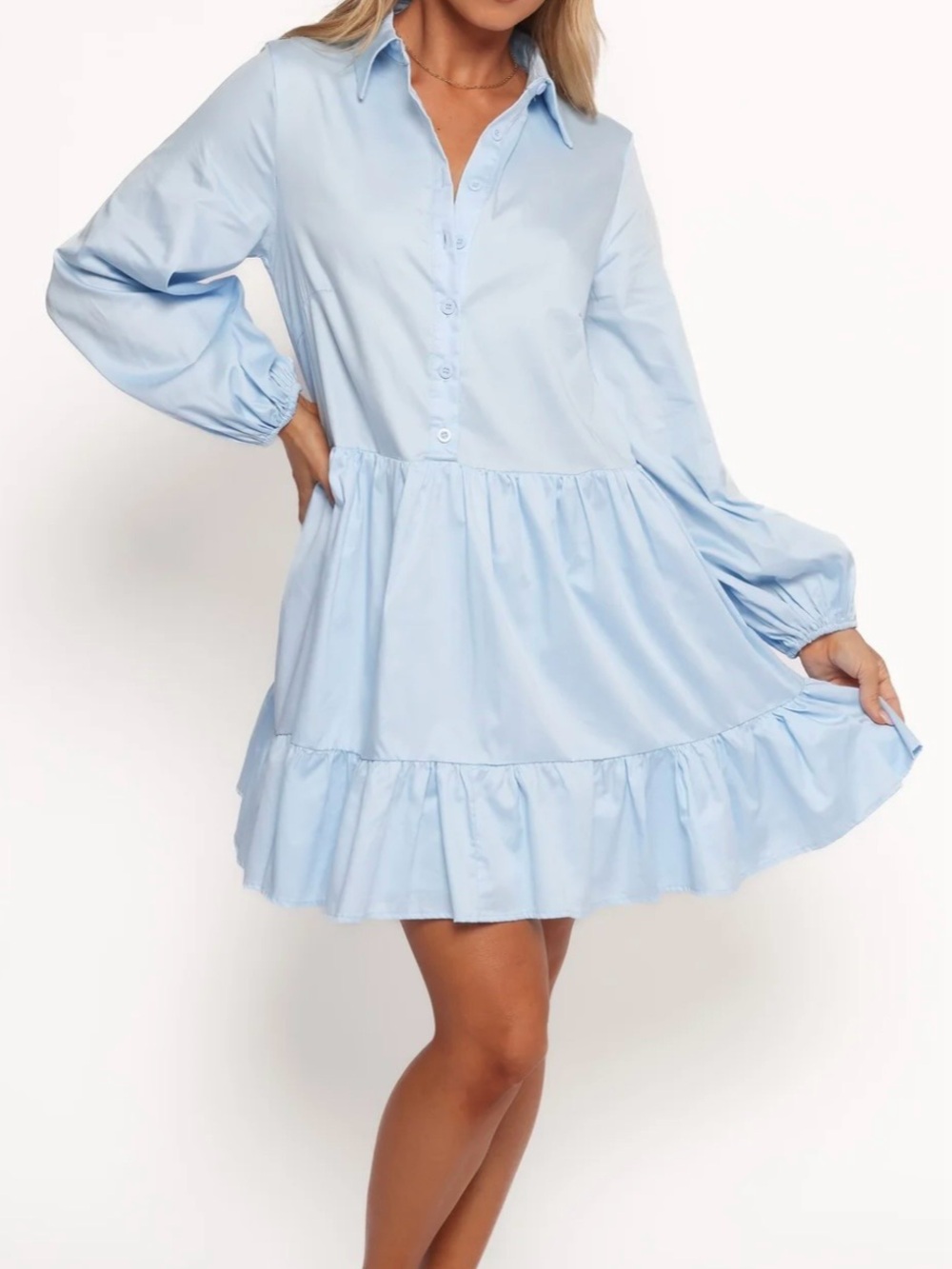Petal & Pup Carlotta Light Blue Button-Front Ruffle Mini Dress